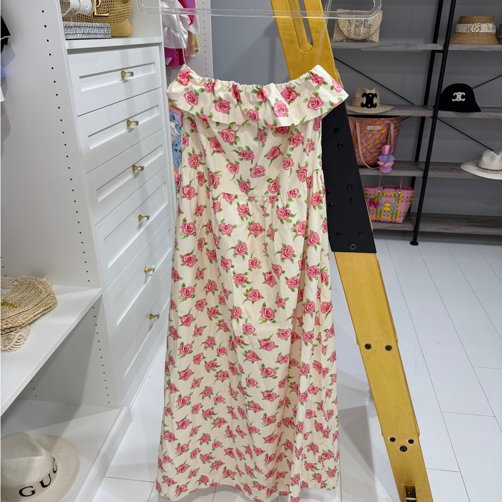 fab'rik Cream and Red Strapless Floral Maxi Dress